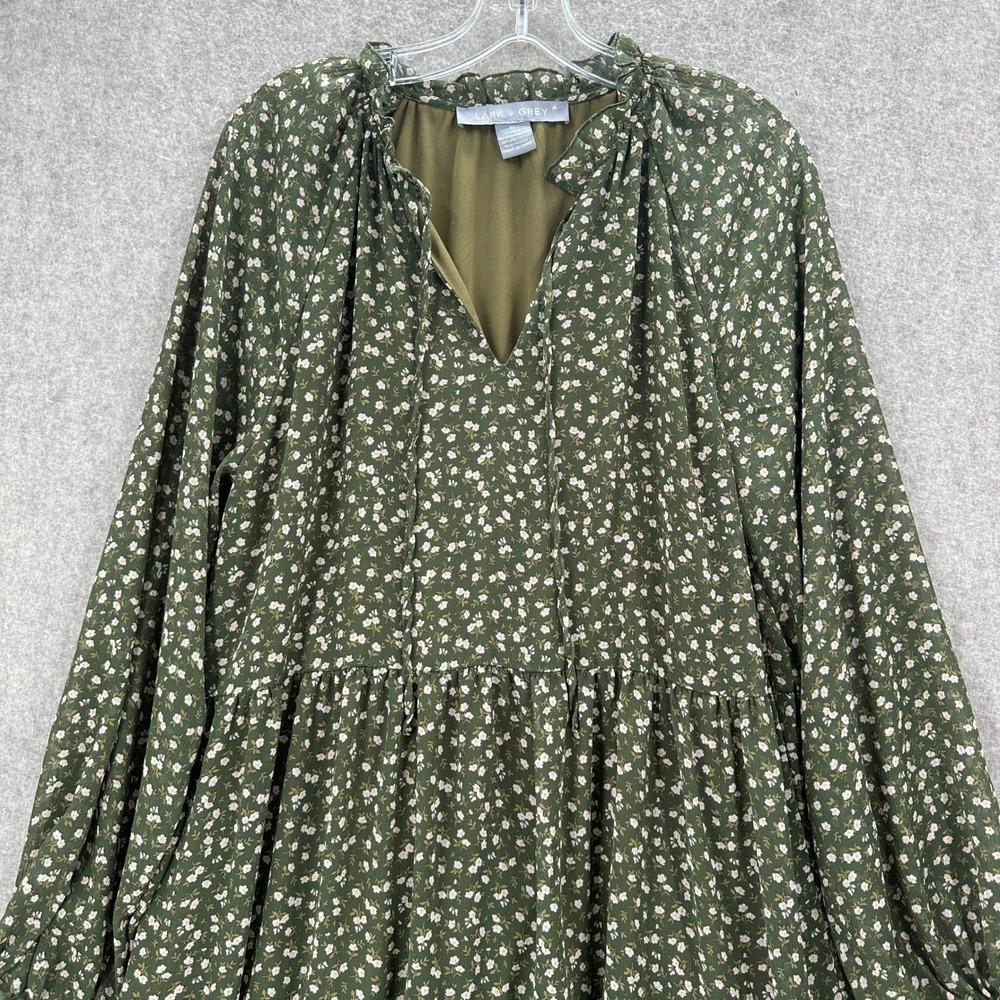 Lark + Grey Olive Green Floral Chiffon Tiered Cottagecore Dress XL Ruffle - Picture 3 of 8